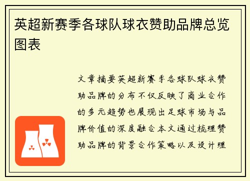 英超新赛季各球队球衣赞助品牌总览图表
